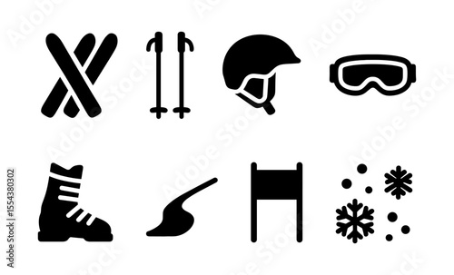 Winter sports icon set: skiing gear and snowflake symbols for outdoor enthusiasts