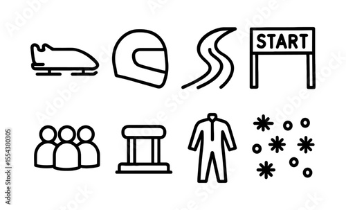 Bobsledding icons: helmet, track, start, team, coaching, suit, snowflakes