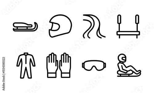 Winter sports icon set: helmet, sled, suit, gloves, goggles for luge and bobsleigh