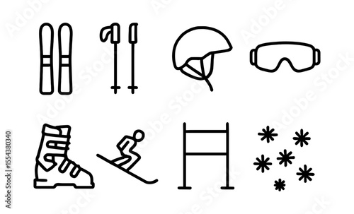 Ski equipment icons: skis, poles, helmet, goggles, boots, and snowflakes