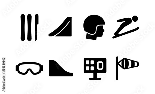 Minimalist winter sports icons set featuring skiing and snowboarding elements