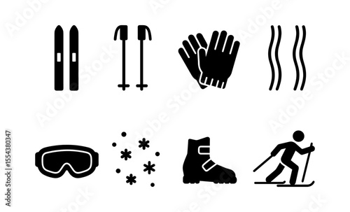 Winter sports icons set featuring ski equipment and snow activities