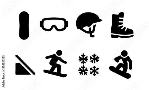 Winter sports icons: snowboard, goggles, helmet, boot, ramp, skier, snowflakes