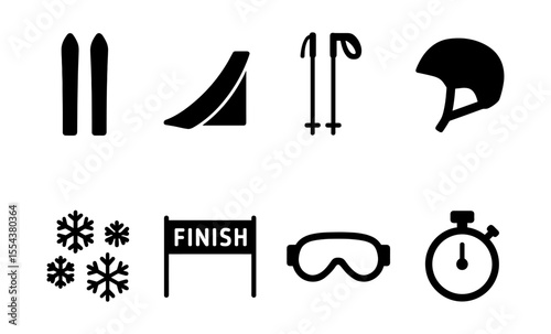 Winter sports icons set featuring ski equipment, snowflakes, and race finish elements
