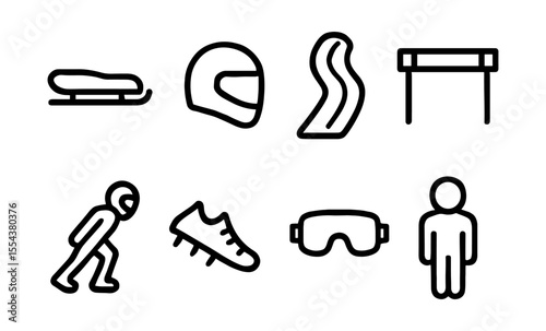 Winter sports icon set featuring helmet, goggles, bobsled, ski, and athlete figures