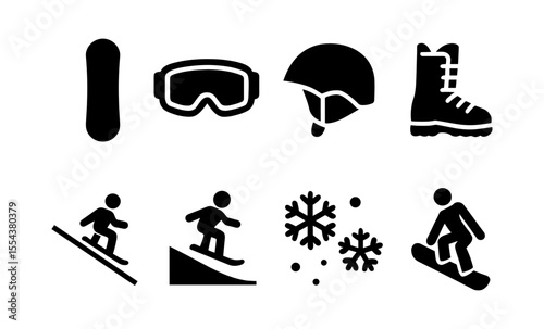 Snowboard and equipment icons: helmet, goggles, boots, snowflakes, skiers