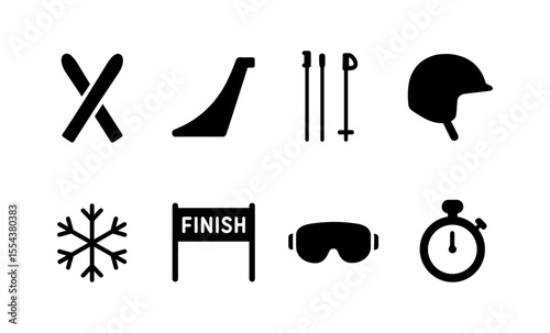 Winter sports icons: skiing gear, snowflake, finish line, stopwatch