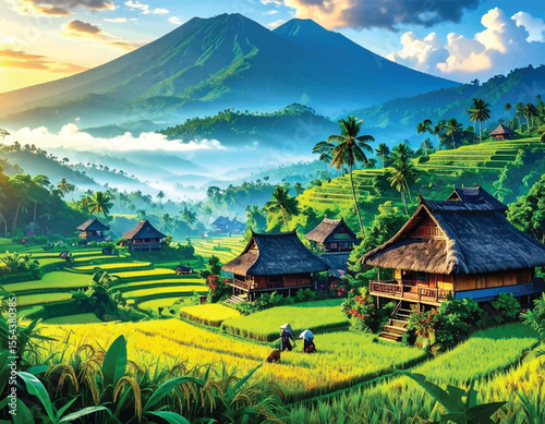 Serene rice field landscape with mountain view. Peaceful rural village in vibrant rice terraces. Beautiful tropical mountain and rice fields. Lush rice terraces with thatched-roof houses.