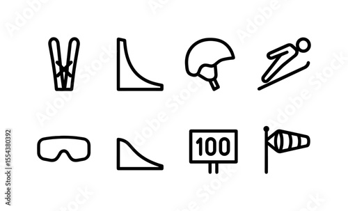 Winter sports icons collection: skiing gear, helmets, and snowy mountain slopes