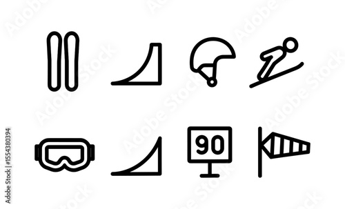 Winter sports icon set featuring skiing, snowboarding, and safety gear symbols