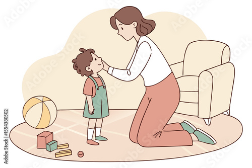 A caring mother kneeling to speak gently with her young child in a cozy home setting