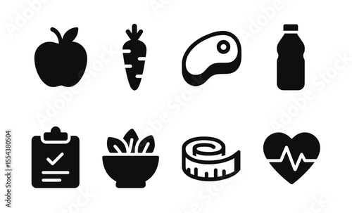 Healthy lifestyle icons set: nutrition, fitness, wellness, and heart health symbols