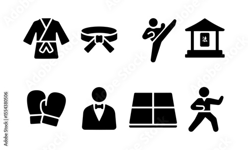 Icons representing martial arts and fitness elements in black silhouette style