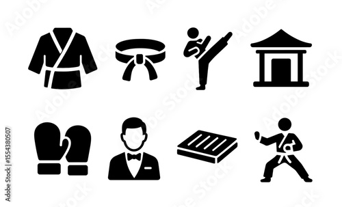 Martial arts icons: karate, boxing gloves, and training dojo symbols in black silhouette