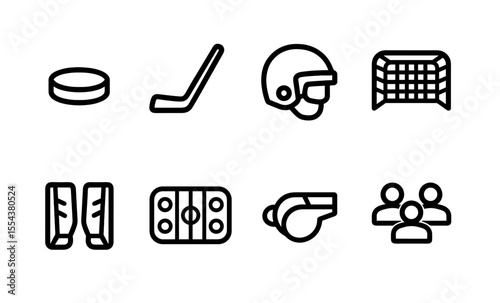 Minimalist hockey icon set featuring puck, stick, and helmet for sports design