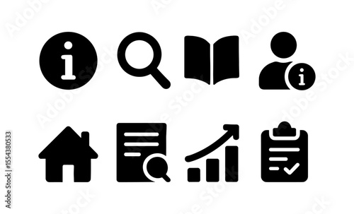 Set of black information and analytics icons for web and business applications