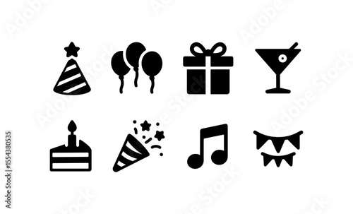 Party icons set: celebratory symbols including cake, balloons, and cocktails