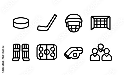 Hockey essentials icon set: puck, stick, helmet, goal, pads, rink, whistle, team