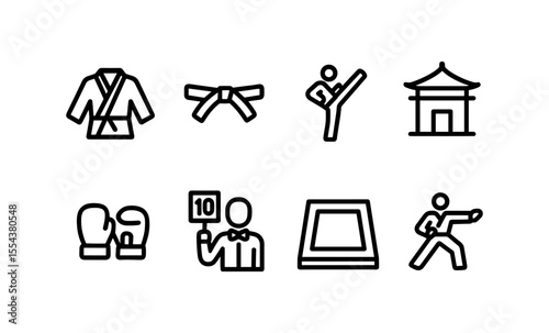 Martial arts icons set: karate, boxing, training, kicks, and competitions