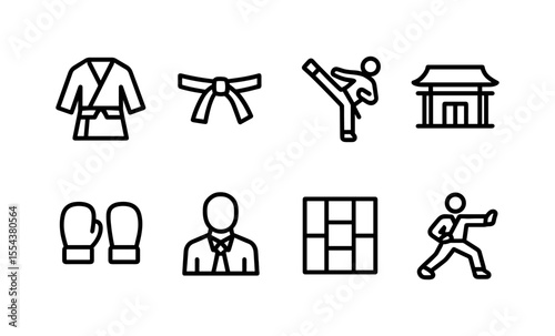 Martial arts icons: karate, boxing, and traditional dojo symbols in minimalist black and white