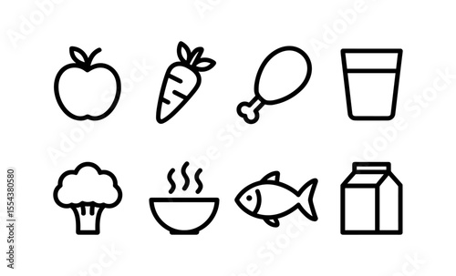 Minimalist food icons featuring fruit, vegetables, meat, dairy, and drinks for healthy eating concepts