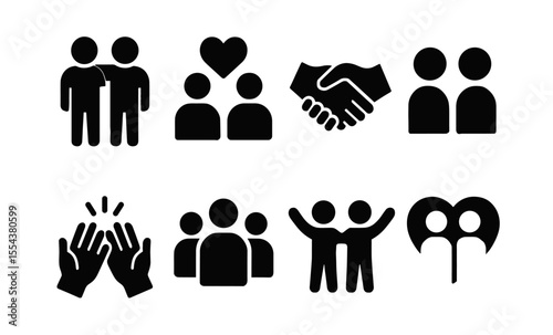 Collection of human interaction icons: friendship, teamwork, unity, love, community, connection