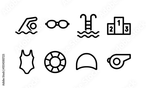 Swimming icons including goggles, swimsuit, lifebuoy, whistle, and diving board