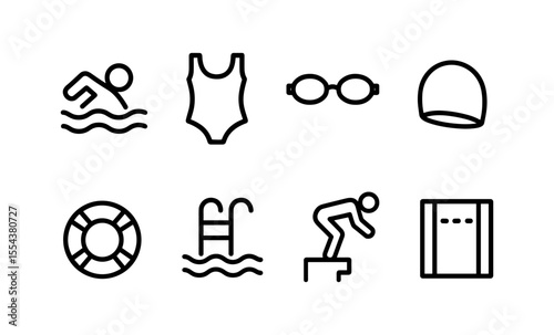 Minimalist swimming icons: swimmer, swimsuit, goggles, swim cap, diving board, ladder, lifebuoy, lane