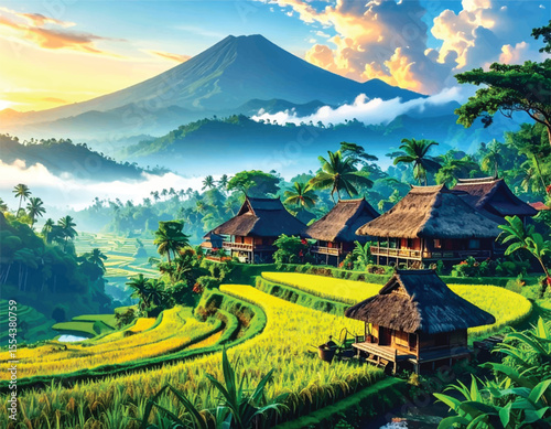 Rural life in lush terraced rice fields. Tranquil rice fields with traditional houses. Serene rural village surrounded by rice paddies. Beautiful tropical landscape with mountaintop view.