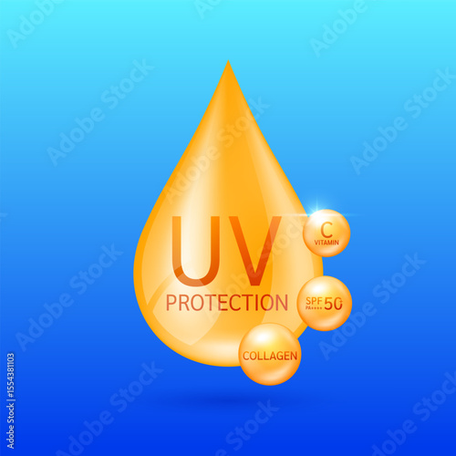 UV protection drop and orange ball SPF 50 vitamin C collagen. Protects UVA UVB against sunlight ultraviolet attacks. For cosmetic products ads. Vector.