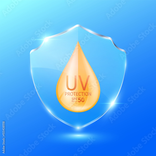 UV protection and SPF 50 PA. Orange water drop in glass shield translucent. Protects against UVA, UVB, sunlight and ultraviolet attacks. For design cosmetic products ads. Health care concept. Vector.