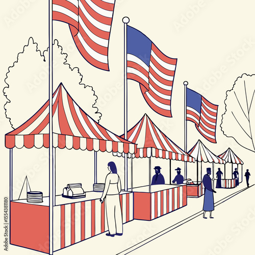 Patriotic street fair with food stalls and American flags on the 4th of July 2025