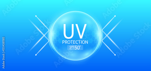 UV protection SPF 50 PA in bubbles transparent hexagonal dome with arrow reflects light UVA UVB. Protects against sunlight ultraviolet attacks. For design cosmetic products ads. Vector.