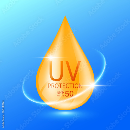 UV protection and SPF 50 PA. Orange water drop with surrounding ring. Protects against UVA, UVB, sunlight and ultraviolet attacks. For design cosmetic products ads. Health care concept. Vector.