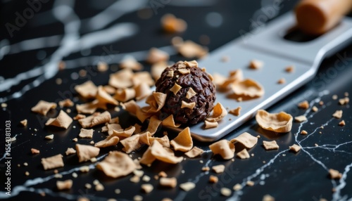 Close-up of a single chocolate truffle on a marble surface with scattered broken nuts and s, dark background, gourmet dessert, rich cocoa flavor