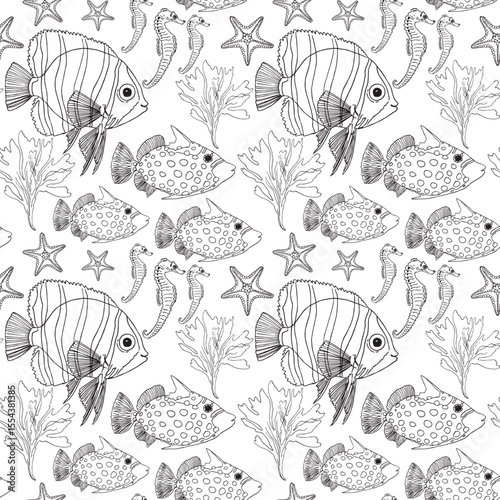 Seamless pattern of a marine, tropical theme. Seahorse, starfish, shells, corals, algae, fishes. Hand drawn illustration vector. For decoration and design. Sea bottom Abstract underwater. Summer vibes