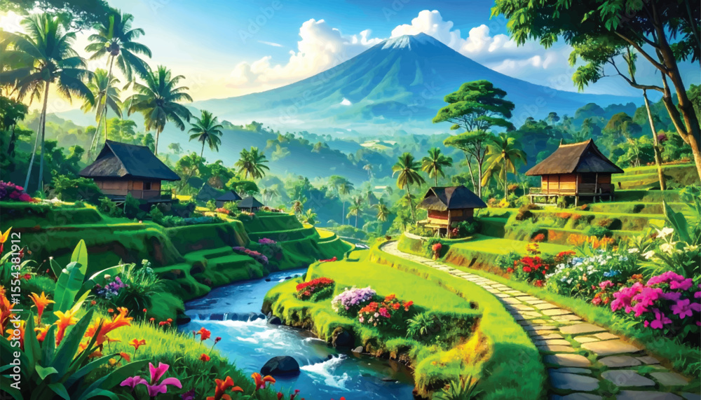 Naklejka premium Gorgeous view of a mountain village and blooming flowers. Lush tropical landscape with river and mountain. Tropical garden landscape river view. Idyllic village with river, mountains, and lush flora