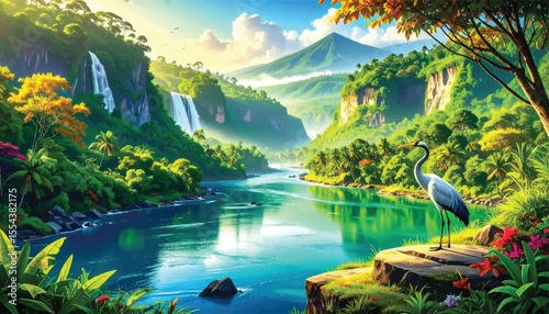 Lush tropical landscape with mountains and river. Scenic river flowing through vibrant jungle, cliffs. Peaceful nature scene with waterfalls, crane. Vibrant tropical nature with mountains, calm waters