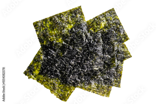 Dried nori seaweed sheets isolated on white background. top view