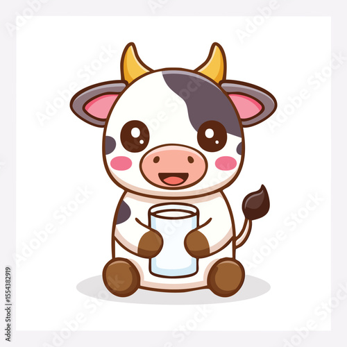 Minimal Flat Vector of Cute Calf Holding Milk with Bold Black Outline and Happy Expression