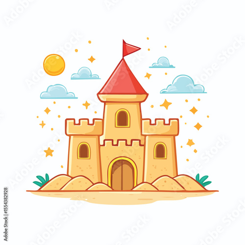 Cute Chibi Style Sand Castle Bold Outlines Simple Flat Vector Design
