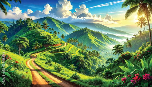 Serene mountain landscape with lush green fields. Beautiful rolling hills and tropical scenery in daylight. Tranquil nature view with winding road through the mountains