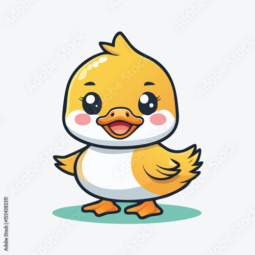 Minimal Flat Vector of a Cute Duckling with Bold Black Outline and Happy Expression – Simple Kawaii Style Baby Duck Illustration