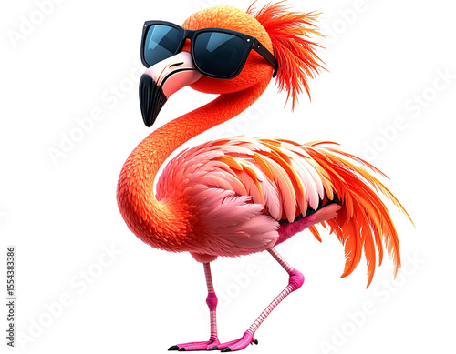 Cartoon Flamingo Balancing on One Leg with Sunglasses, fun summer style, isolated on transparent background