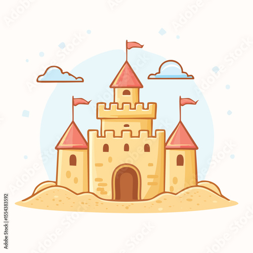Cute Chibi Style Sand Castle Bold Outlines Simple Flat Vector Design