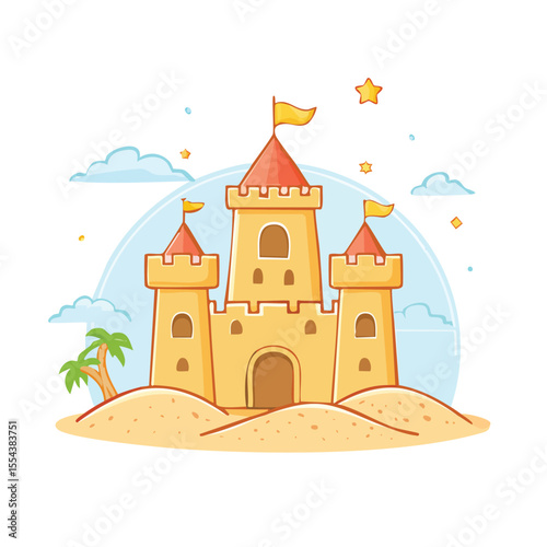 Cute Chibi Style Sand Castle Bold Outlines Simple Flat Vector Design