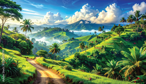 Serene mountain landscape with lush green hill. Beautiful tropical scenery with hills and clouds. Scenic valley view with green hills and pathways. Lush greenery and winding road through tropical hill
