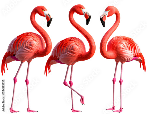 3D Flamingo Ornaments Facing Different Directions, Realistic Render, isolated on transparent background