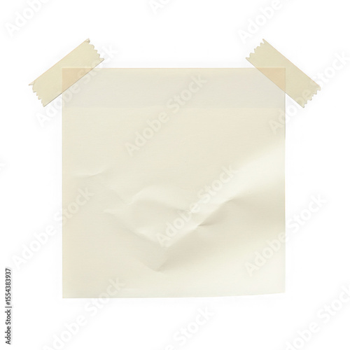 A blank off white paper note with crumpled texture held by two pieces of beige tape isolated on transparent background