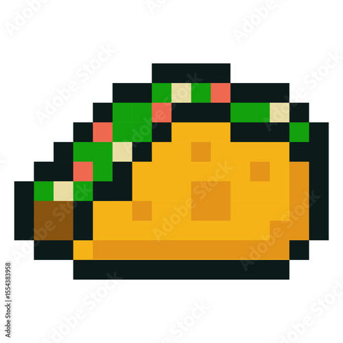 Colorful pixel art taco emoji with lettuce, tomato, cheese, and beef. A fun Mexican food illustration in 8 bit style, great for retro gaming, digital menus and culinary branding.